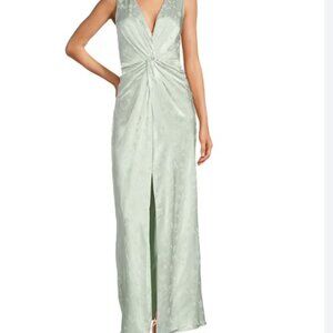 Kyra Satin Jacquard Floral Print Sleeveless V-Neck Twist Front Slit Sheath Maxi